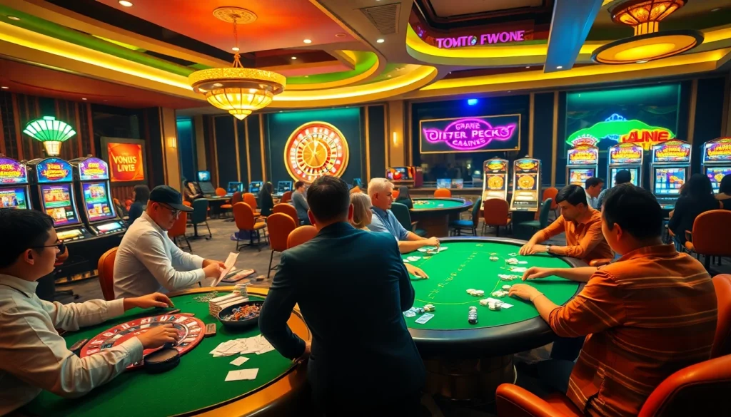 Players enjoying a lively poker game at a casino, emphasizing experiences link thabet offers for strategic gambling fun.